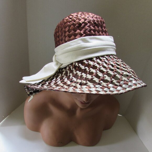 SALE Vintage High Crown Wide Brim Hat by Kutz Chocolate Brown & White main image 11